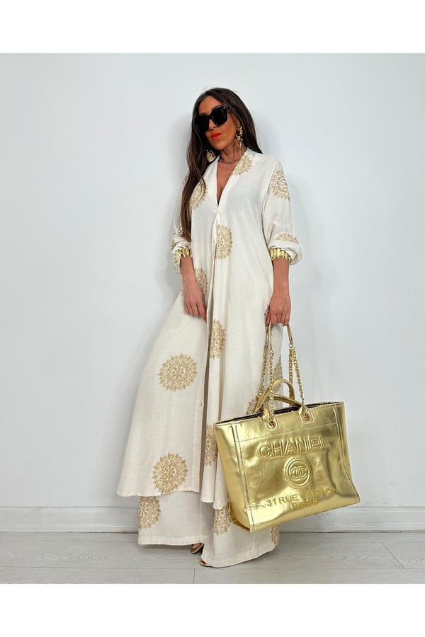 Glow Nakışlı Kimono Takın Uzun Maxi Boy Gömlek Pantolonlu Takım