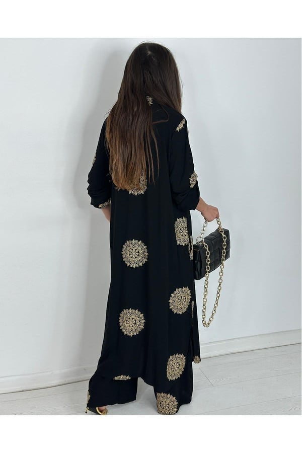 Glow Nakışlı Kimono Takın Uzun Maxi Boy Gömlek Pantolonlu Takım