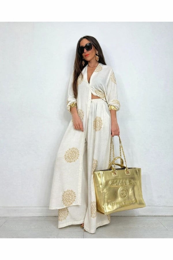 Glow Nakışlı Kimono Takın Uzun Maxi Boy Gömlek Pantolonlu Takım