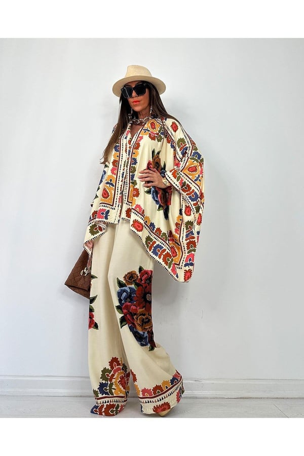Glow Nakışlı Kimono Takın Uzun Maxi Boy Gömlek Pantolonlu Takım