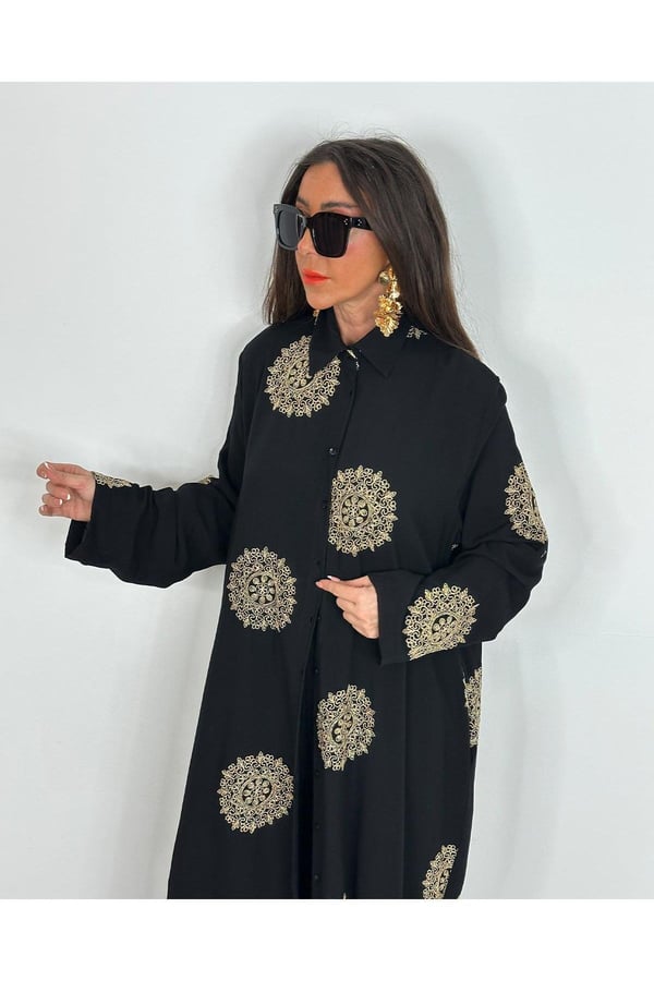 Glow Nakışlı Kimono Takın Uzun Maxi Boy Gömlek Pantolonlu Takım