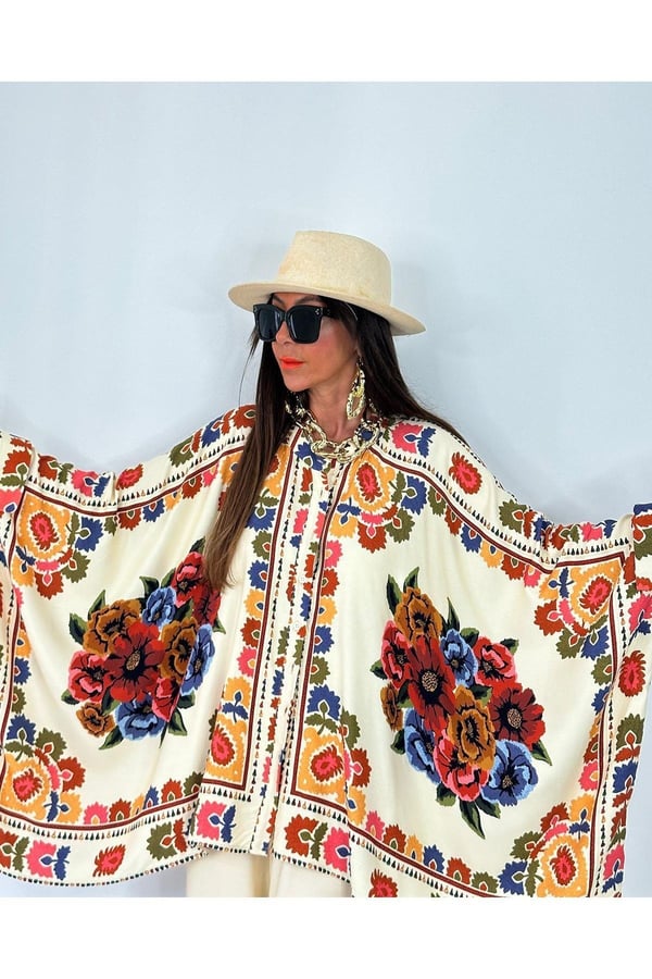 Glow Nakışlı Kimono Takın Uzun Maxi Boy Gömlek Pantolonlu Takım