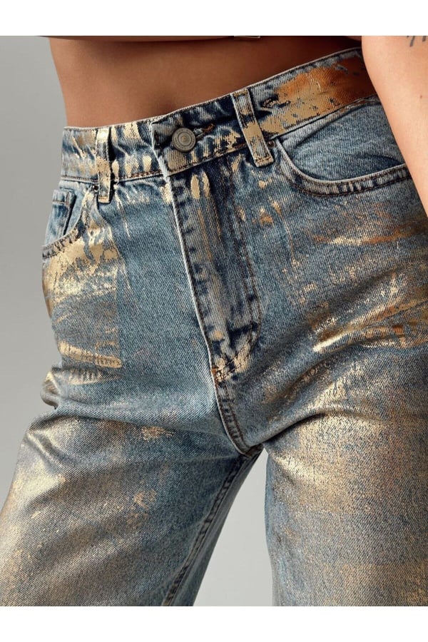 Gold Gümüş Varaklı Palazzo Kot Pantolon Jeans