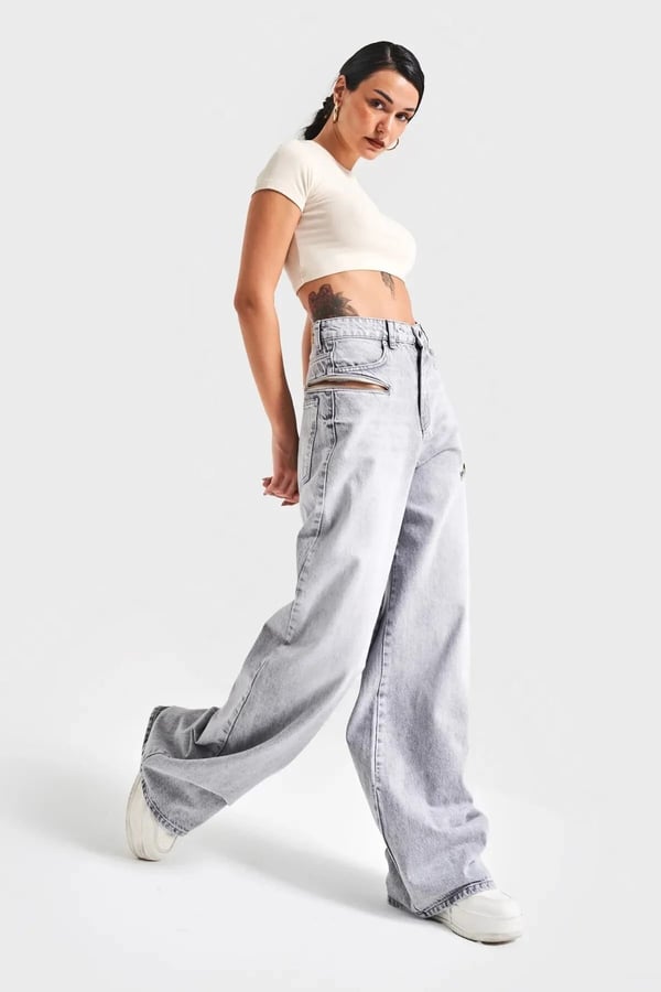 Gold Gümüş Varaklı Palazzo Kot Pantolon Jeans