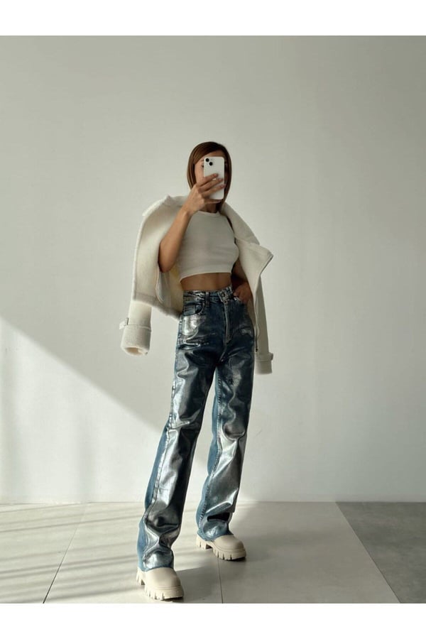 Gold Gümüş Varaklı Palazzo Kot Pantolon Jeans
