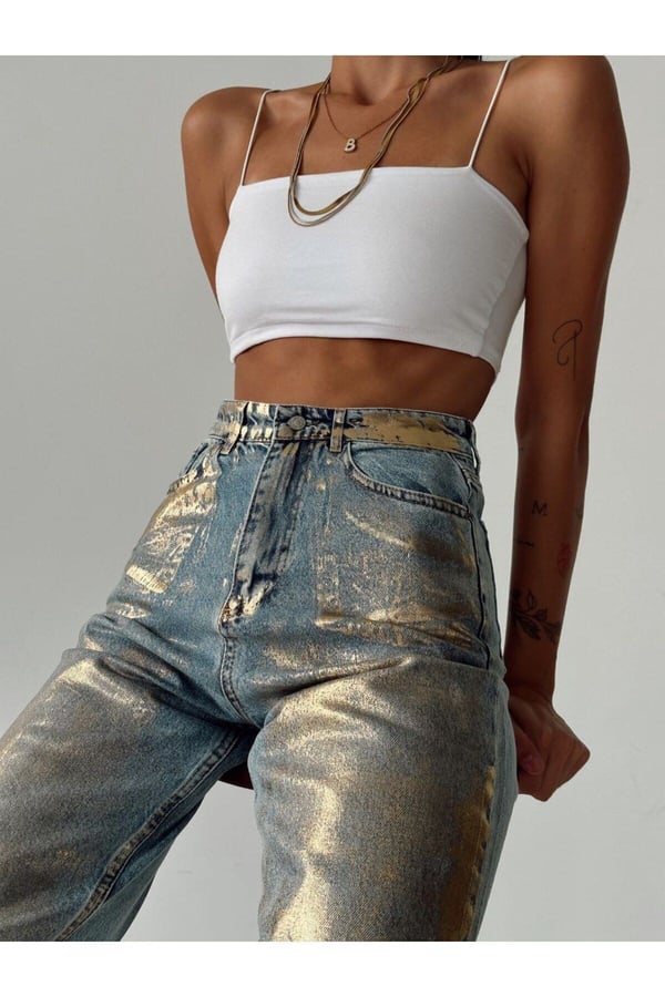 Gold Gümüş Varaklı Palazzo Kot Pantolon Jeans