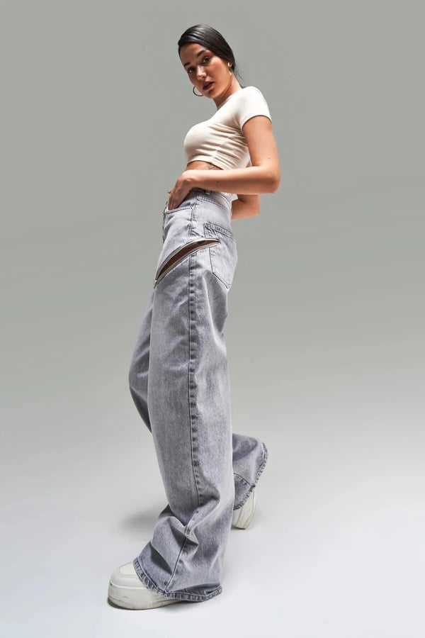 Gold Gümüş Varaklı Palazzo Kot Pantolon Jeans