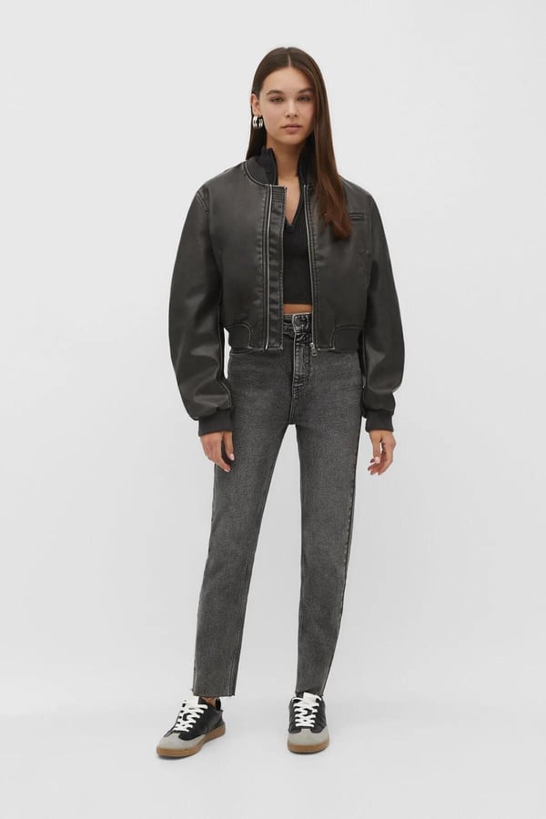 Gri Likrasız Mom Jean Pantolon