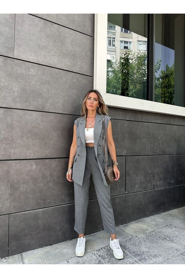 Gri Takım Premium Boy Fit Kadın Pantolon Kolsuz Ceket Yelek Takımı Atlas Kumaş