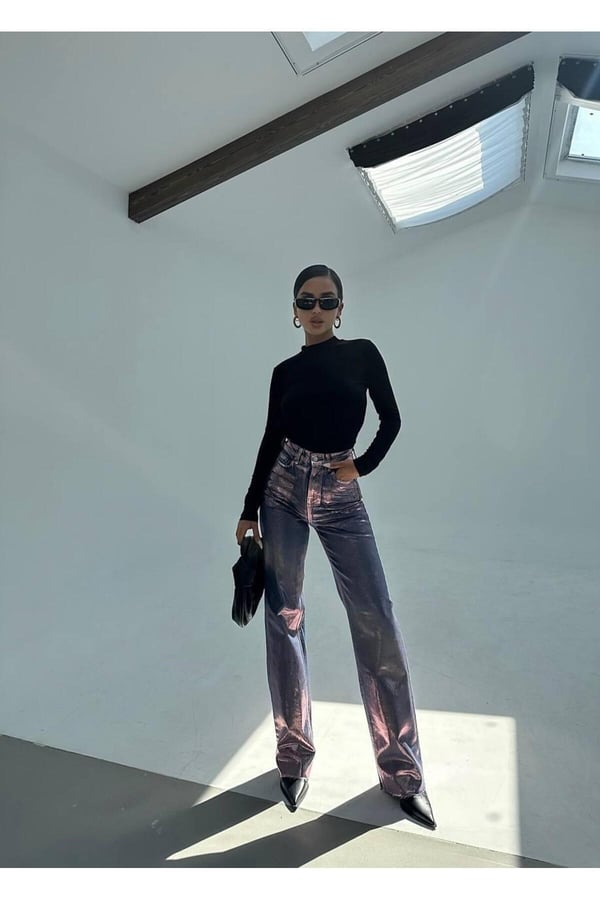 Gümüş Varaklı Palazzo Kot Pantolon Jeans