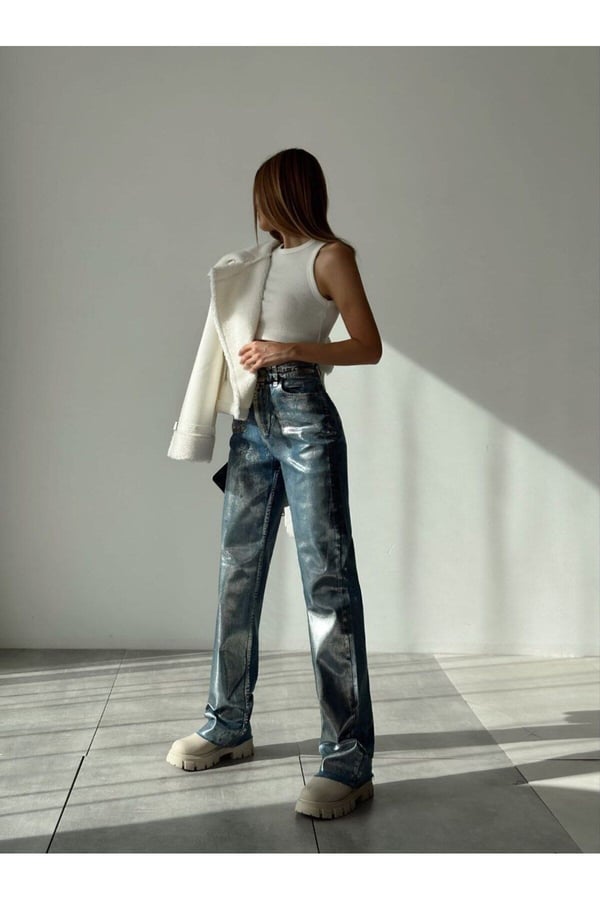 Gümüş Varaklı Palazzo Kot Pantolon Jeans