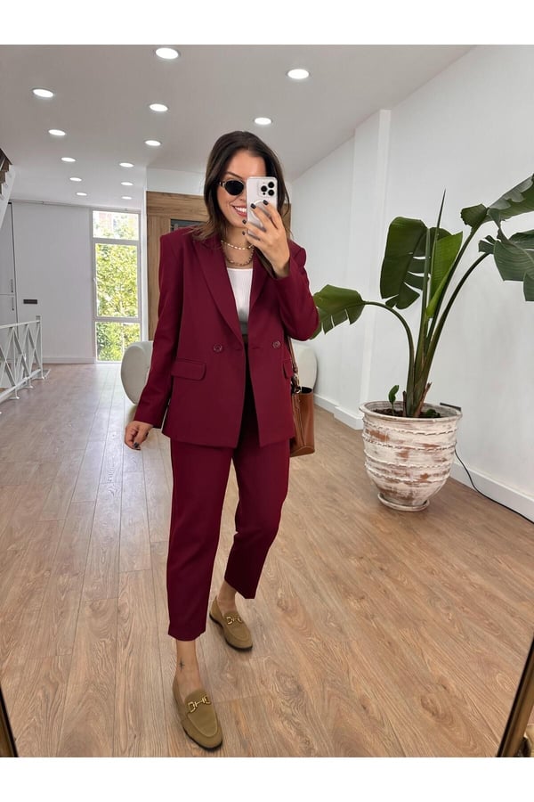 İçerisi Astarlı Pantolon Ceket Takım - Bordo