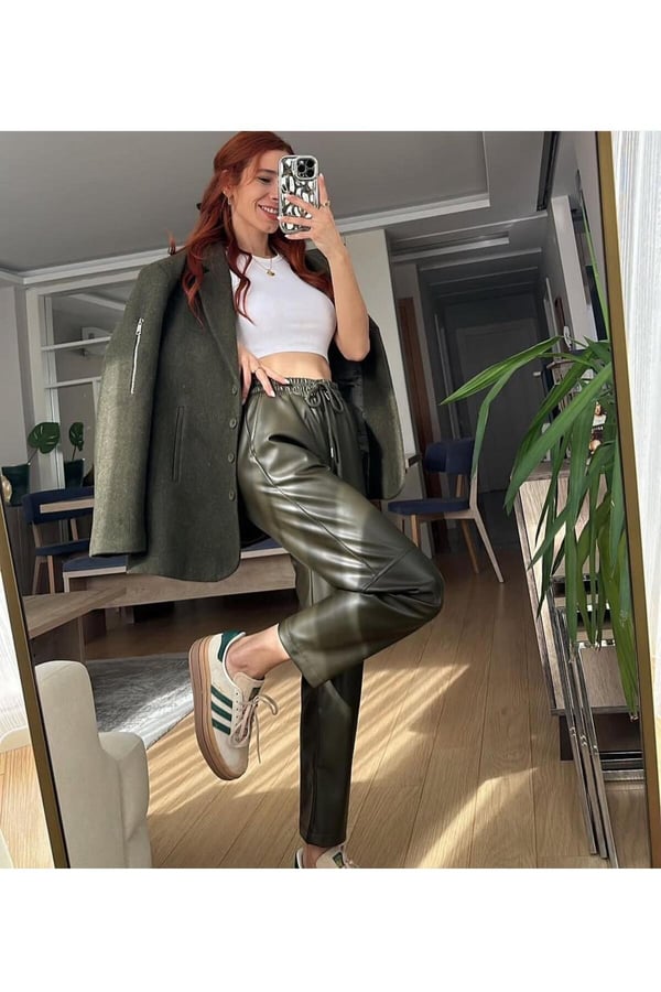 İçi Şardonlu Havuç Pantolon Modeli Suni Deri Pantolon Bilek Boy