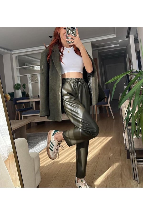 İçi Şardonlu Havuç Pantolon Modeli Suni Deri Pantolon Bilek Boy