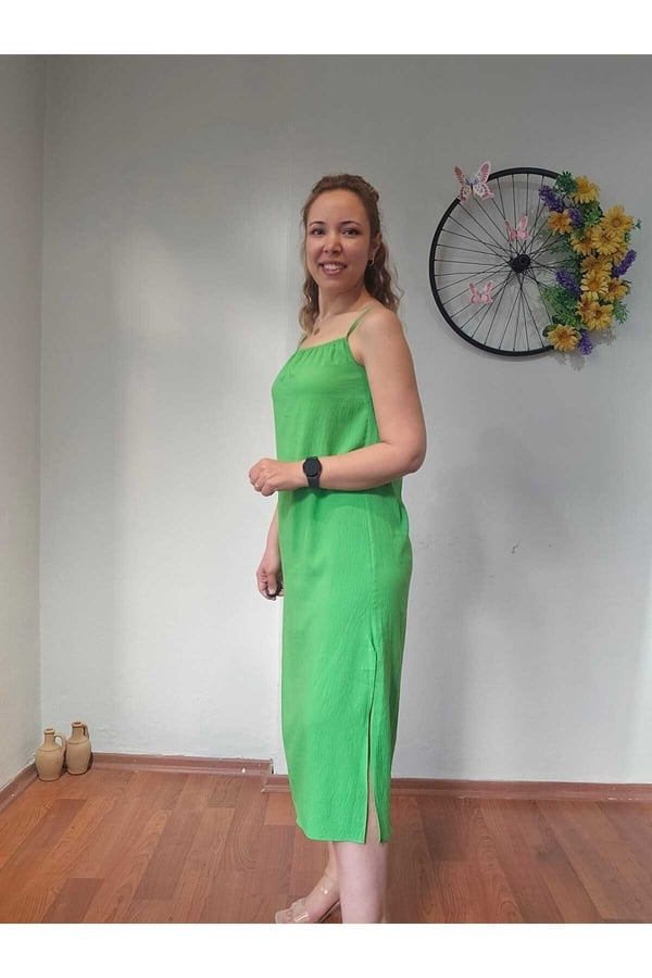 İp Askılı Ayrobin Kumaş Yanı Yırtmaçlı Uzun Elbise
