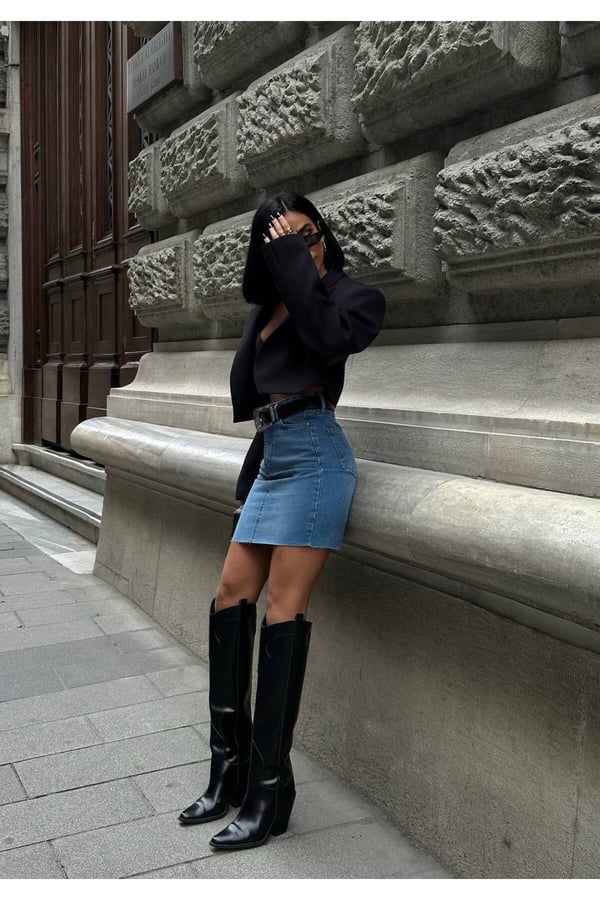Kadın Basic Yüksek Bel Kot Mini Etek Şık Tasarım Günlük Denim Jean Etek