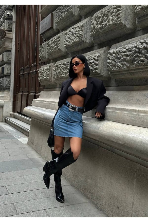 Kadın Basic Yüksek Bel Kot Mini Etek Şık Tasarım Günlük Denim Jean Etek