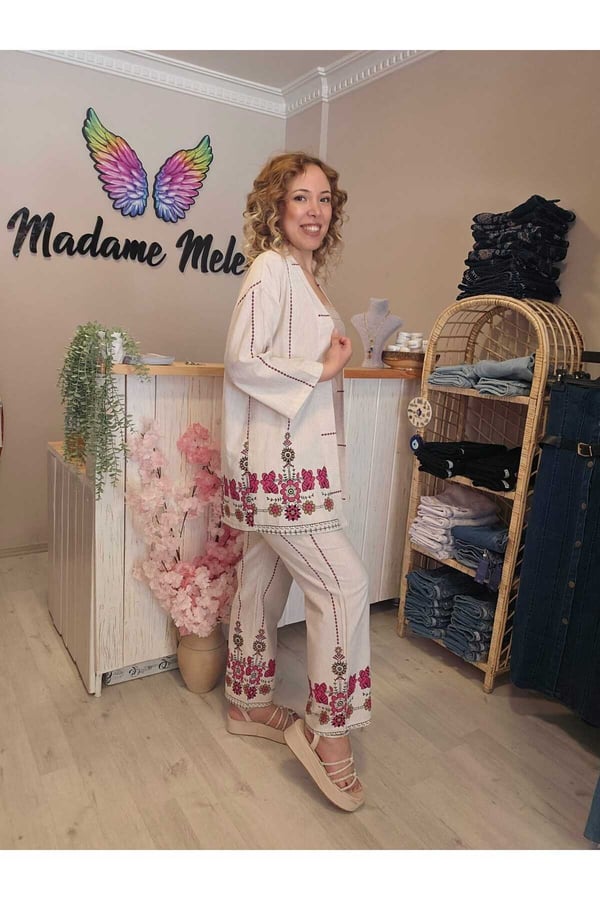 Kadın Bej Keten Çiçek Etnik Desen Kimono Pantolon Ikili Alt Üst Takım ( Bir Beden Büyük Alınız)