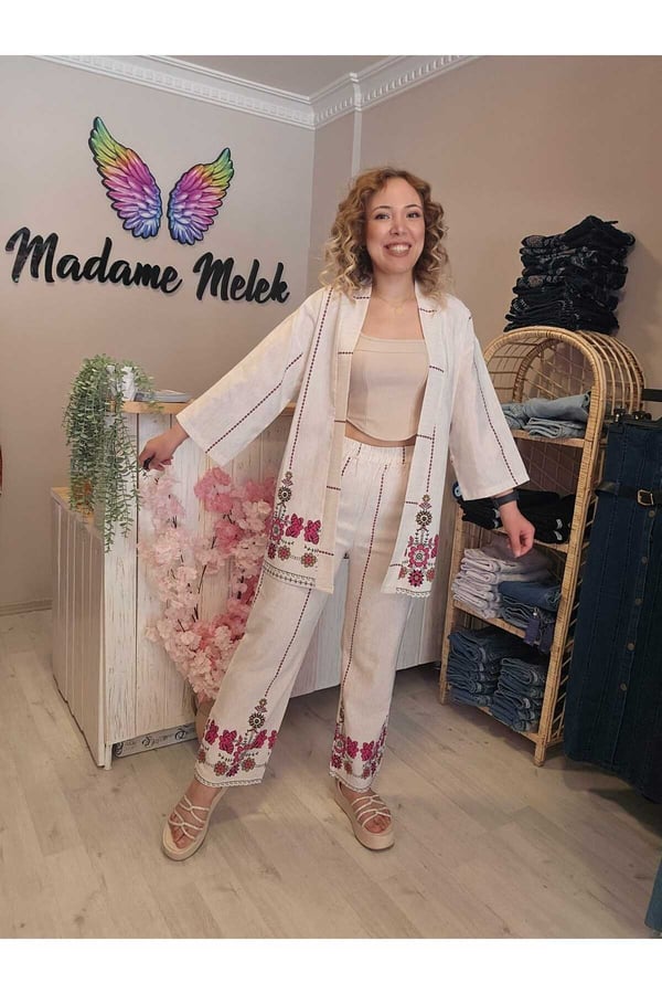 Kadın Bej Keten Çiçek Etnik Desen Kimono Pantolon Ikili Alt Üst Takım ( Bir Beden Büyük Alınız)