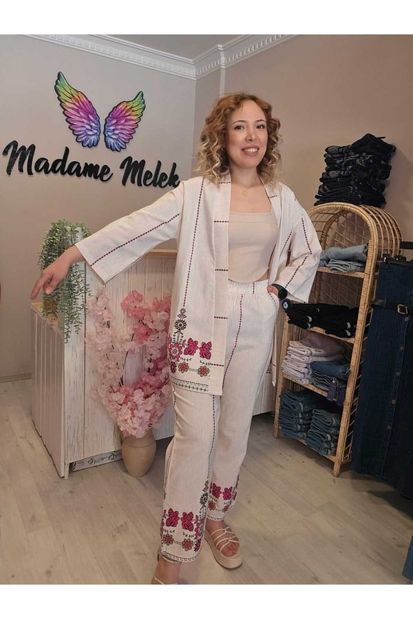 Kadın Bej Keten Çiçek Etnik Desen Kimono Pantolon Ikili Alt Üst Takım ( Bir Beden Büyük Alınız)