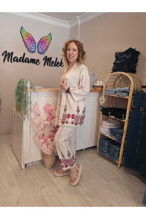 Kadın Bej Keten Çiçek Etnik Desen Kimono Pantolon Ikili Alt Üst Takım ( Bir Beden Büyük Alınız)
