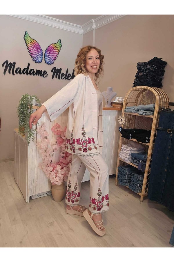 Kadın Bej Keten Çiçek Etnik Desen Kimono Pantolon Ikili Alt Üst Takım ( Bir Beden Büyük Alınız)