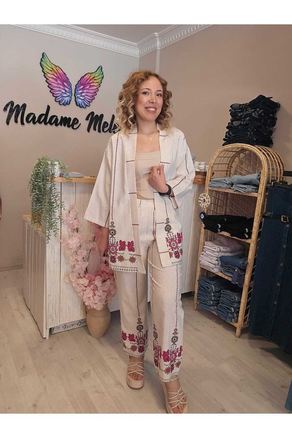 Kadın Bej Keten Çiçek Etnik Desen Kimono Pantolon Ikili Alt Üst Takım ( Bir Beden Büyük Alınız)