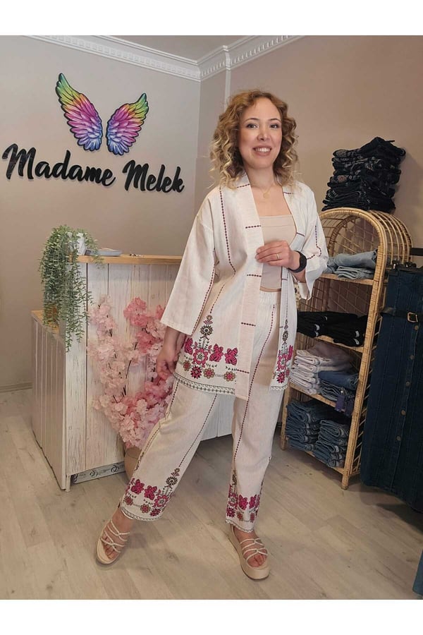 Kadın Bej Keten Çiçek Etnik Desen Kimono Pantolon Ikili Alt Üst Takım ( Bir Beden Büyük Alınız)