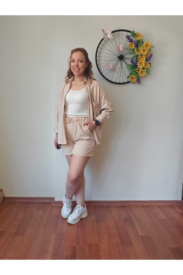 Kadın Keten Kumaş Oversize Gömlek Şort Takımı