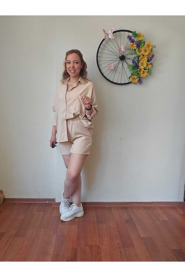 Kadın Keten Kumaş Oversize Gömlek Şort Takımı