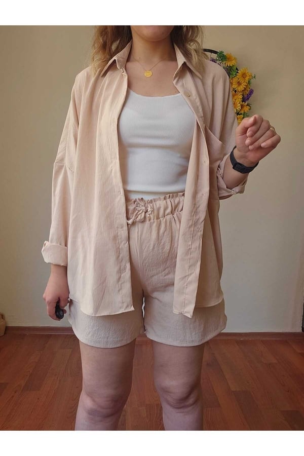 Kadın Keten Kumaş Oversize Gömlek Şort Takımı