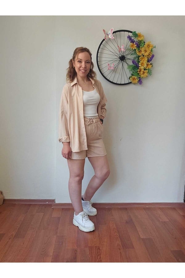 Kadın Keten Kumaş Oversize Gömlek Şort Takımı