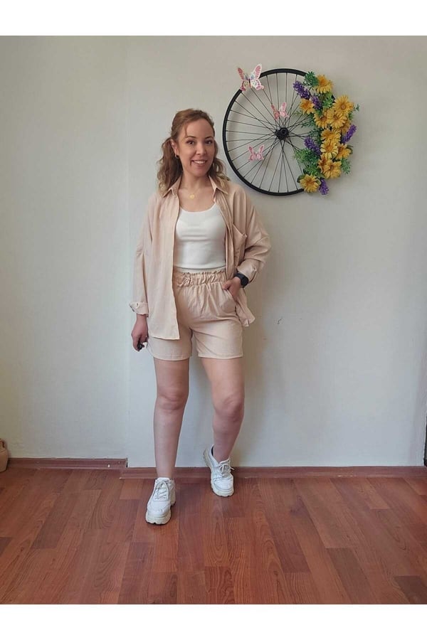 Kadın Keten Kumaş Oversize Gömlek Şort Takımı