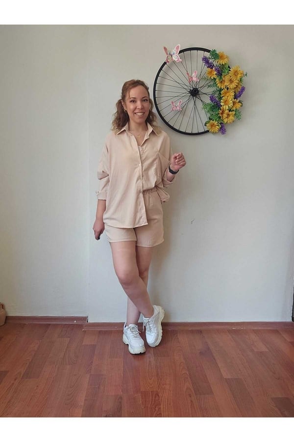 Kadın Keten Kumaş Oversize Gömlek Şort Takımı