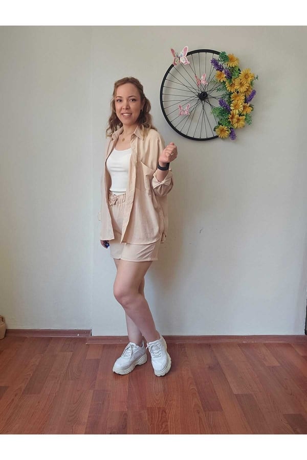 Kadın Keten Kumaş Oversize Gömlek Şort Takımı
