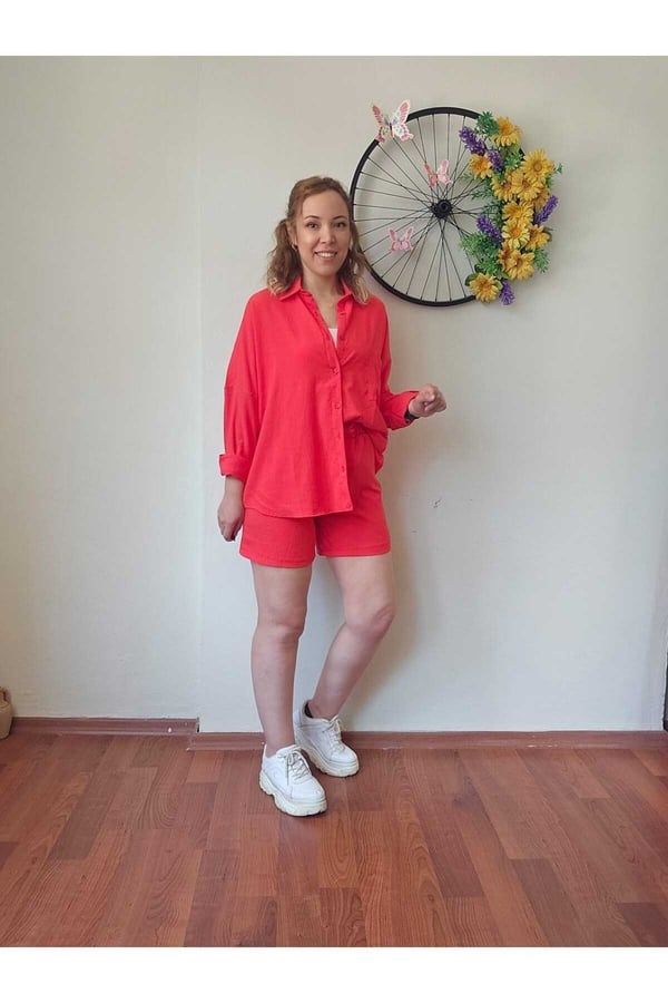 Kadın Keten Kumaş Oversize Nar Çiçeği Renk Gömlek Şort Takımı