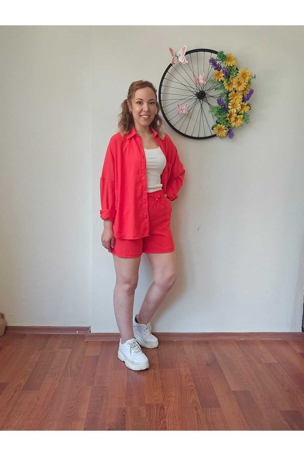 Kadın Keten Kumaş Oversize Nar Çiçeği Renk Gömlek Şort Takımı