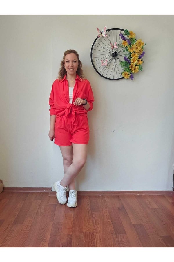 Kadın Keten Kumaş Oversize Nar Çiçeği Renk Gömlek Şort Takımı
