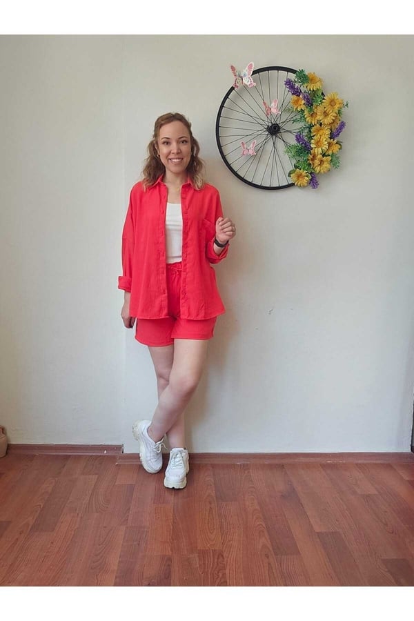 Kadın Keten Kumaş Oversize Nar Çiçeği Renk Gömlek Şort Takımı