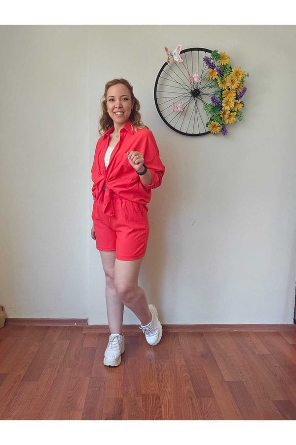 Kadın Keten Kumaş Oversize Nar Çiçeği Renk Gömlek Şort Takımı