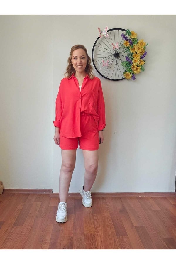Kadın Keten Kumaş Oversize Nar Çiçeği Renk Gömlek Şort Takımı
