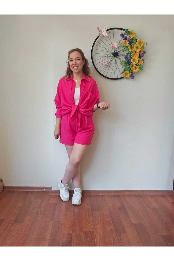 Kadın Keten Kumaş Oversize Pembe Gömlek Şort Takımı