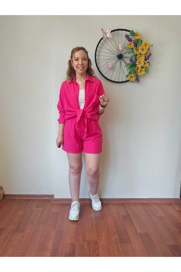 Kadın Keten Kumaş Oversize Pembe Gömlek Şort Takımı