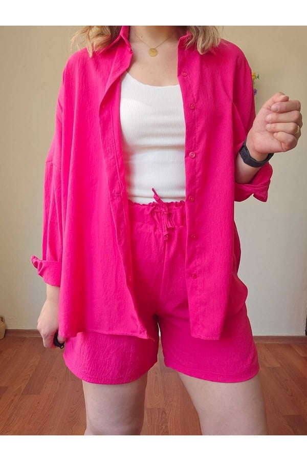 Kadın Keten Kumaş Oversize Pembe Gömlek Şort Takımı