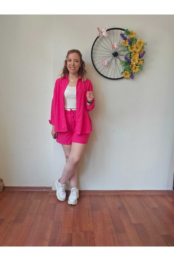 Kadın Keten Kumaş Oversize Pembe Gömlek Şort Takımı