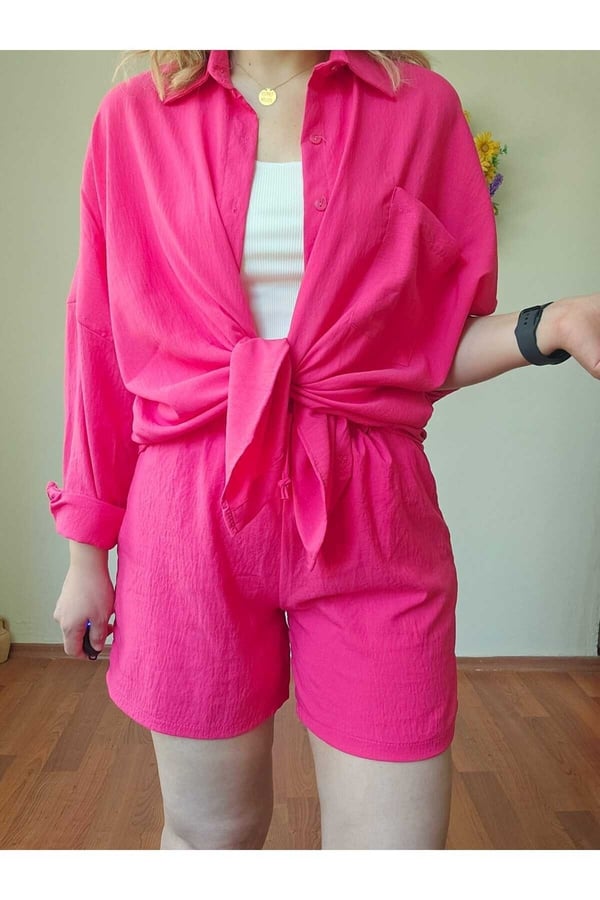 Kadın Keten Kumaş Oversize Pembe Gömlek Şort Takımı