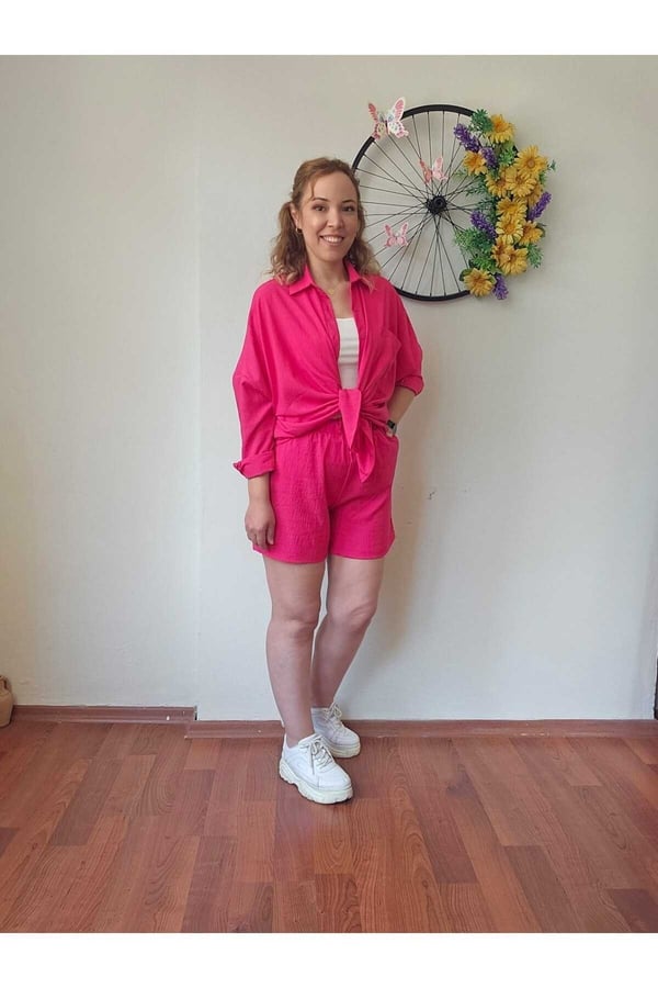 Kadın Keten Kumaş Oversize Pembe Gömlek Şort Takımı