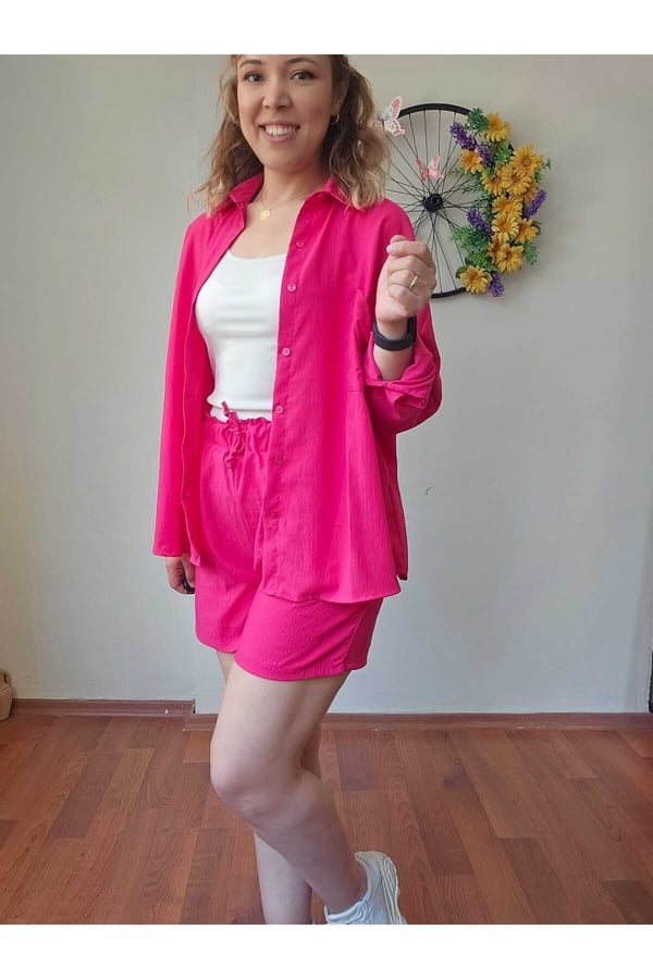 Kadın Keten Kumaş Oversize Pembe Gömlek Şort Takımı