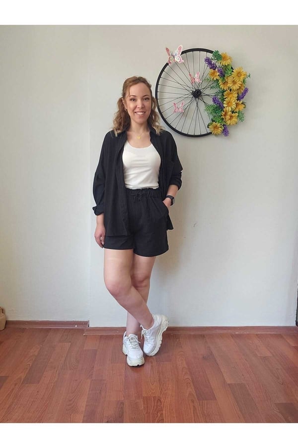 Kadın Keten Kumaş Oversize Siyah Gömlek Şort Takımı