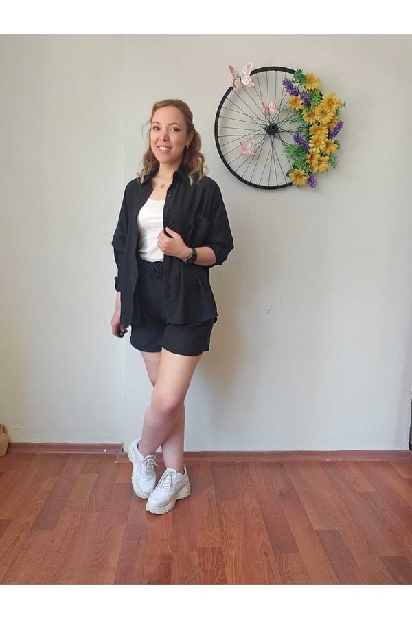 Kadın Keten Kumaş Oversize Siyah Gömlek Şort Takımı